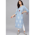 Seduva Women's Casual 3/4 th Sleeve Embroidery Cambric Cotton Kurti (Blue)