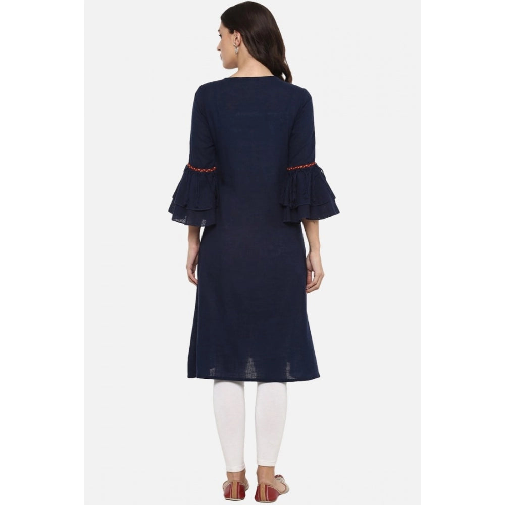 Seduva Women's Casual Bell Sleeves Solid Cotton Slub Kurti (Blue)