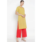 Seduva Women's Casual Short Sleeves Floral Printed Cotton &amp; Rayon Kurti Palazzo Set (Yellow &amp; Red)