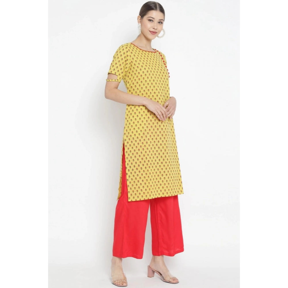 Seduva Women's Casual Short Sleeves Floral Printed Cotton &amp; Rayon Kurti Palazzo Set (Yellow &amp; Red)