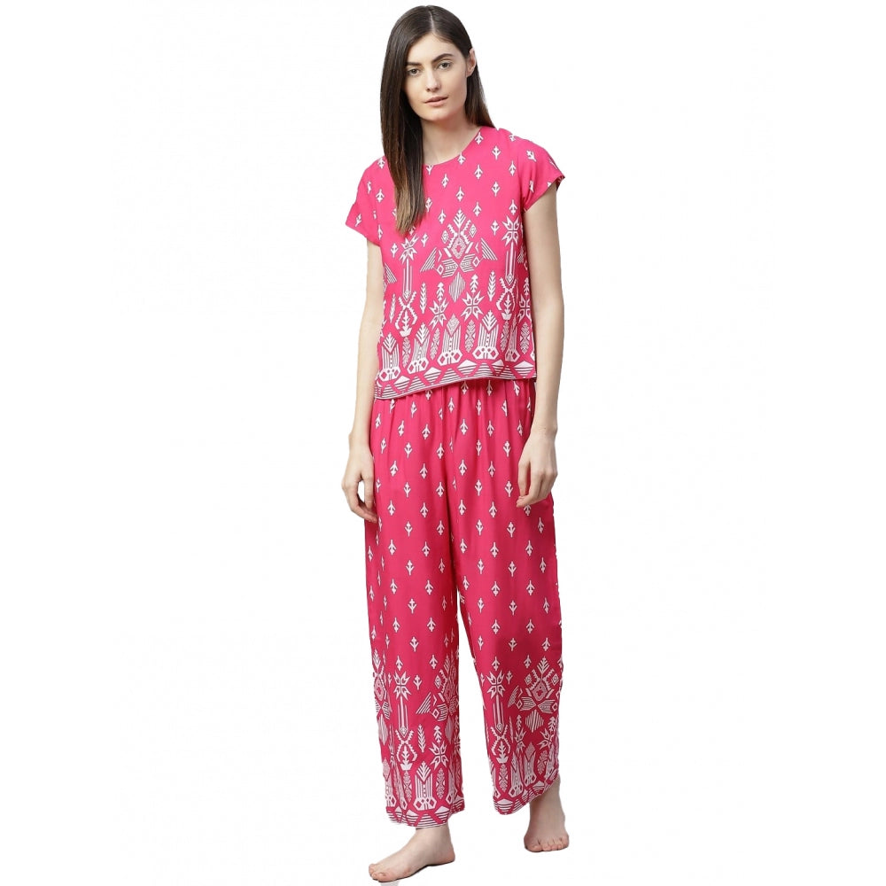 Seduva Women's Casual Short Sleeve Printed Rayon Pajama Set (Pink)