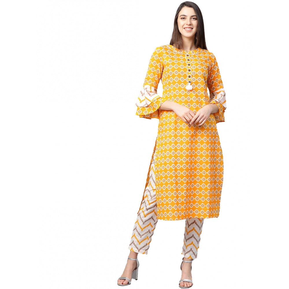 Seduva Women's Casual 3/4 th Sleeve Floral Printed Cotton Kurti Set (Mustard)