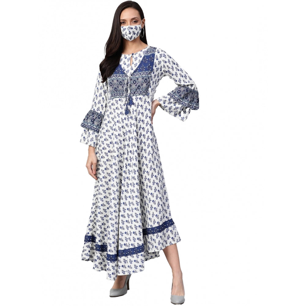 Seduva Women's Casual Bell Sleeve Floral Printed Rayon Dress (White &amp; Blue)