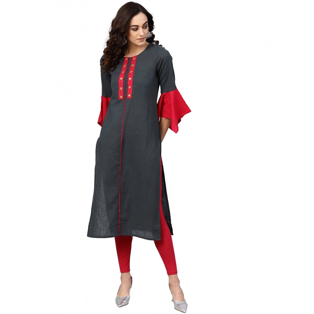 Seduva Women's Casual Bell Sleeves Mirror Work Cotton Slub Kurti (Grey)