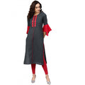 Seduva Women's Casual Bell Sleeves Mirror Work Cotton Slub Kurti (Grey)
