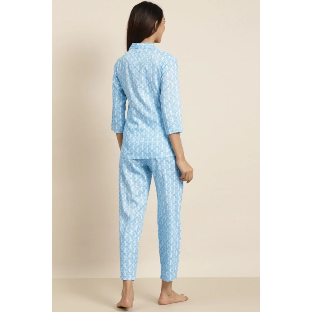 Seduva Women's Casual 3/4 th Sleeve Floral Printed Rayon Shirt With Pyjama Pant Night Suit Set (Blue)