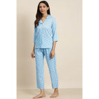 Seduva Women's Casual 3/4 th Sleeve Floral Printed Rayon Shirt With Pyjama Pant Night Suit Set (Blue)
