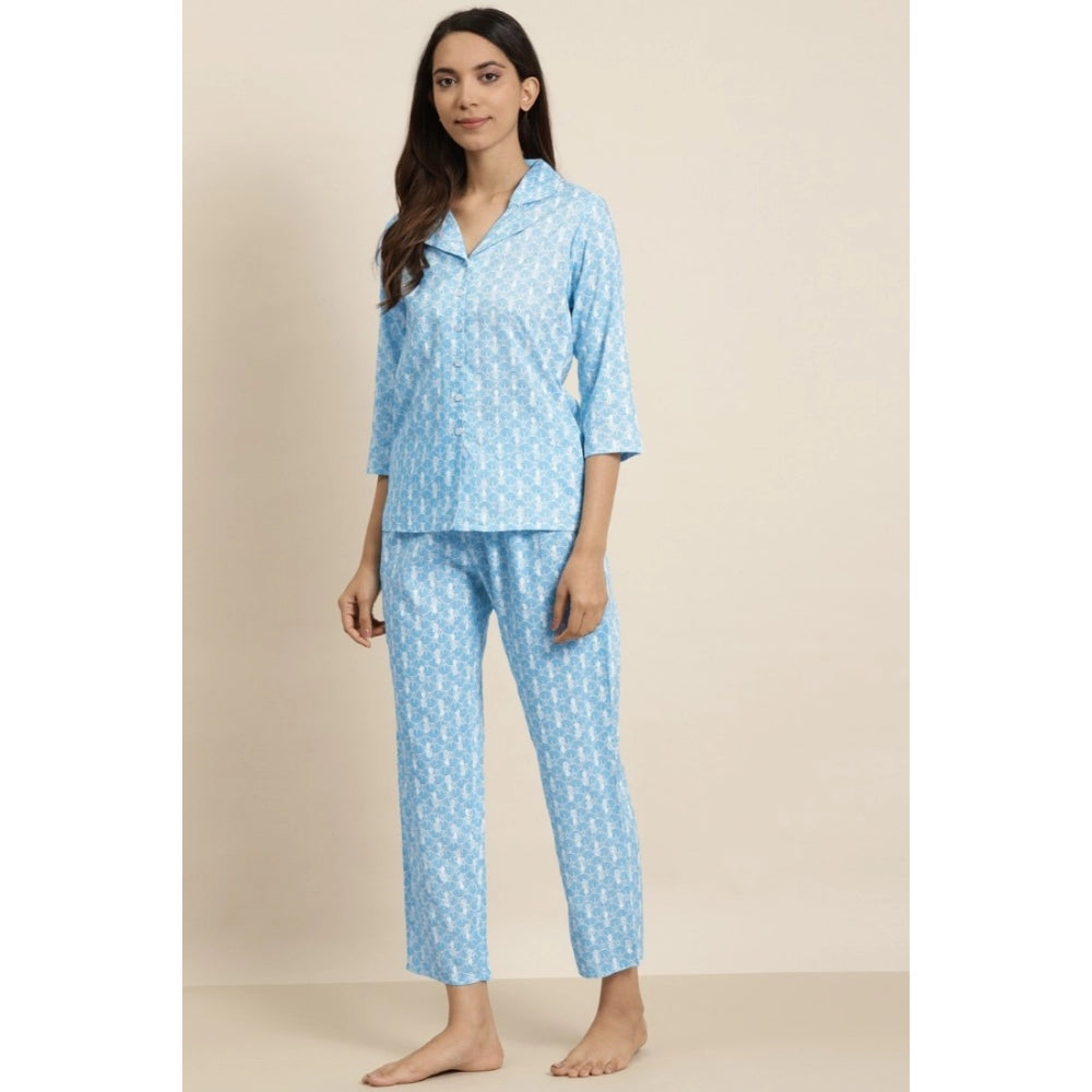 Seduva Women's Casual 3/4 th Sleeve Floral Printed Rayon Shirt With Pyjama Pant Night Suit Set (Blue)