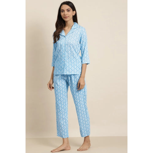 Seduva Women's Casual 3/4 th Sleeve Floral Printed Rayon Shirt With Pyjama Pant Night Suit Set (Blue)