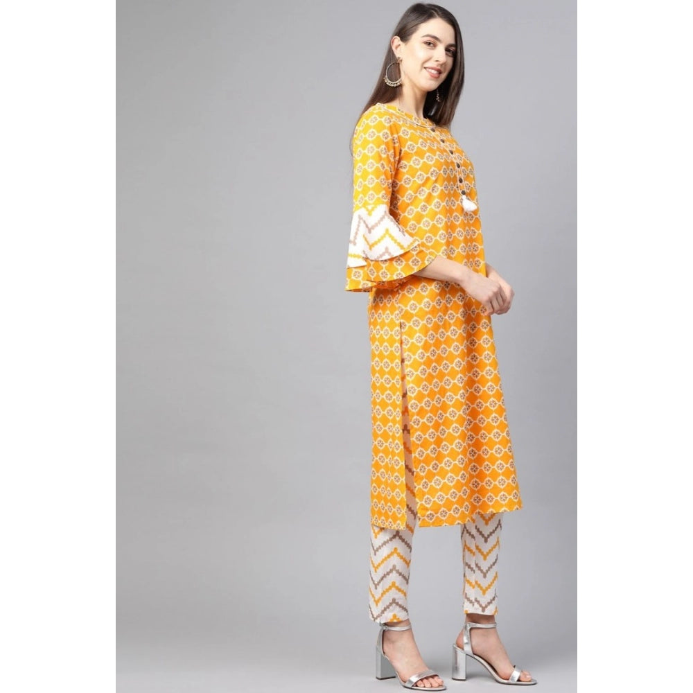 Seduva Women's Casual 3/4 th Sleeve Floral Printed Cotton Kurti Set (Mustard)
