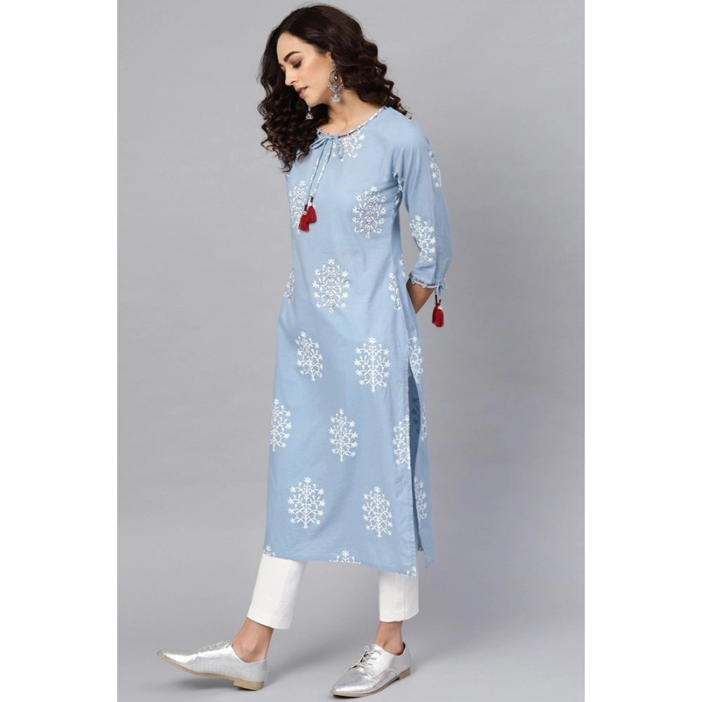 Seduva Women's Casual 3/4 th Sleeve Embroidery Cambric Cotton Kurti (Blue)
