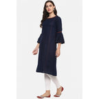 Seduva Women's Casual Bell Sleeves Solid Cotton Slub Kurti (Blue)