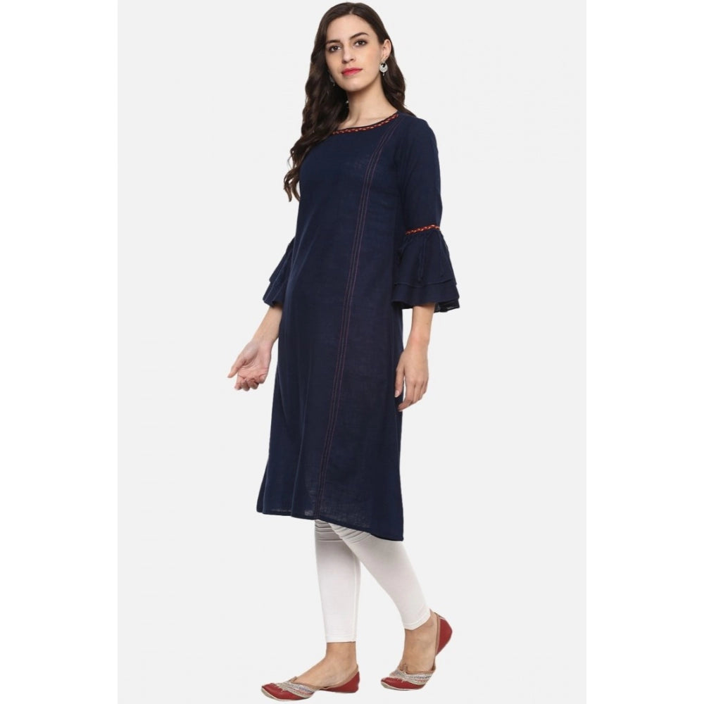 Seduva Women's Casual Bell Sleeves Solid Cotton Slub Kurti (Blue)