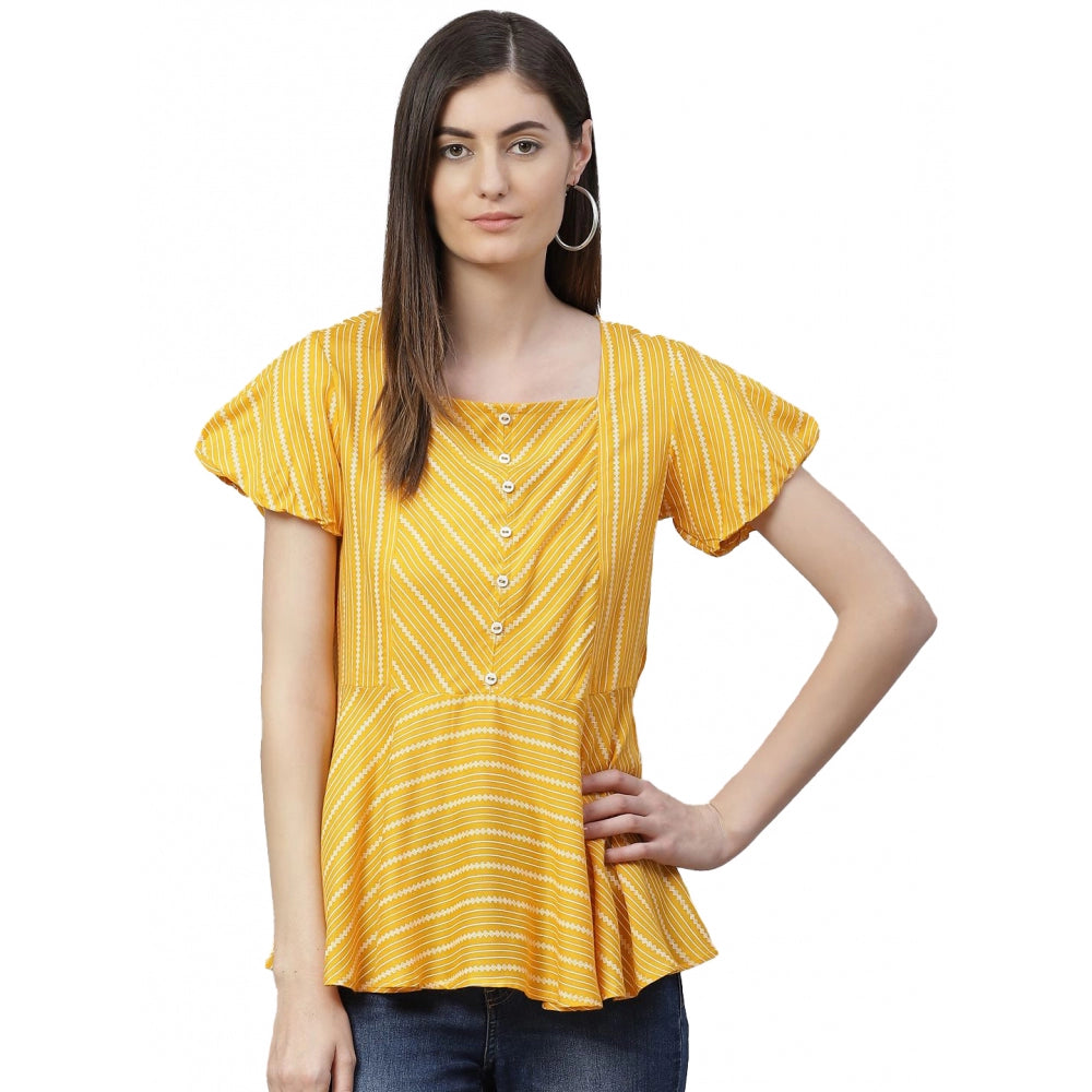 Seduva Women's Casual Short Sleeves Stripe Printed Rayon Top (Mustard)