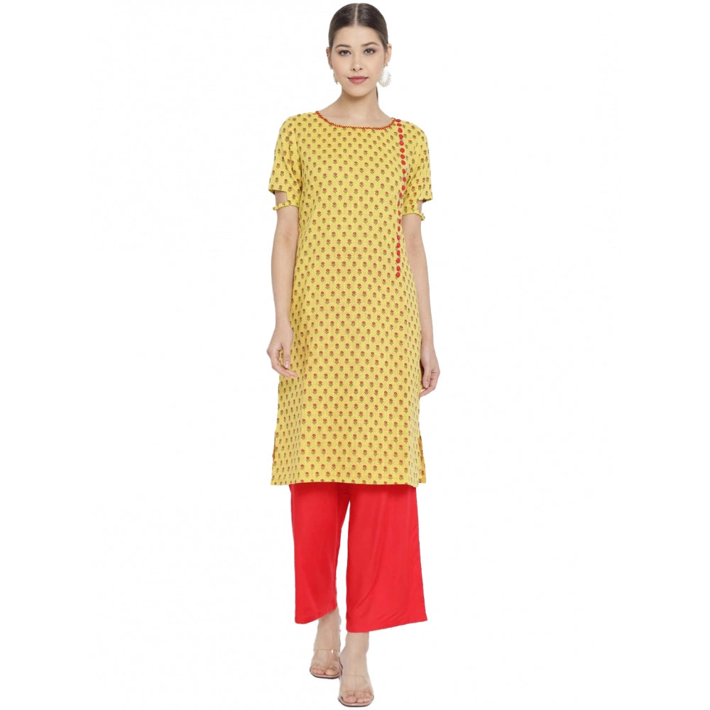 Seduva Women's Casual Short Sleeves Floral Printed Cotton &amp; Rayon Kurti Palazzo Set (Yellow &amp; Red)