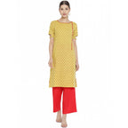 Seduva Women's Casual Short Sleeves Floral Printed Cotton &amp; Rayon Kurti Palazzo Set (Yellow &amp; Red)