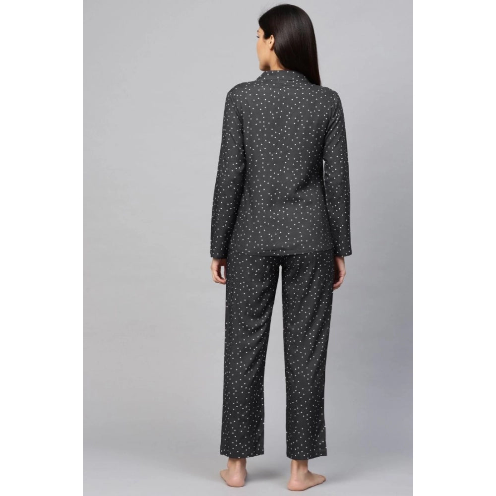 Seduva Women's Casual Full Sleeves Polka Dot Printed Rayon Shirt With Pyjama Pant Night Suit Set (Grey)
