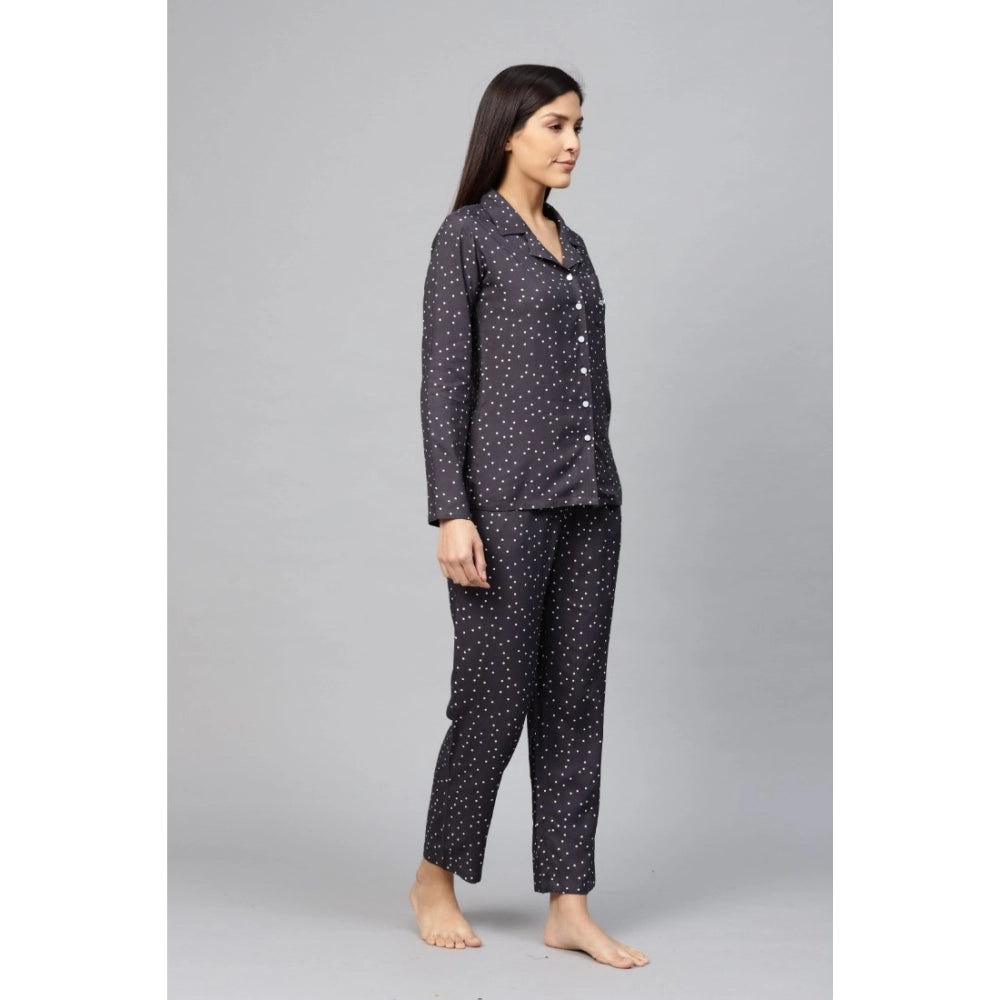 Seduva Women's Casual Full Sleeves Polka Dot Printed Rayon Shirt With Pyjama Pant Night Suit Set (Grey)
