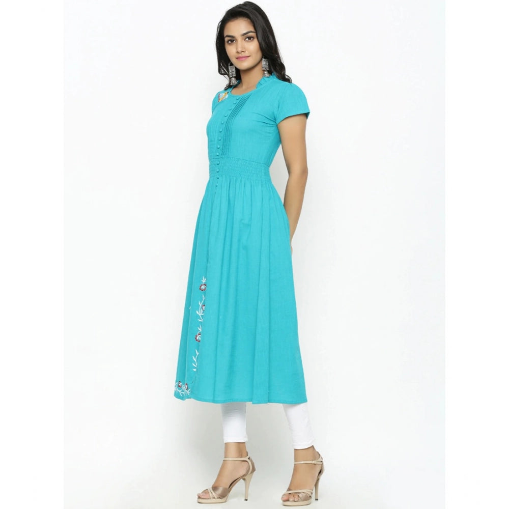 Seduva Women's Casual Short Sleeve Embroidery Cotton Slub Kurti (Torque Green)