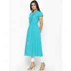 Seduva Women's Casual Short Sleeve Embroidery Cotton Slub Kurti (Torque Green)