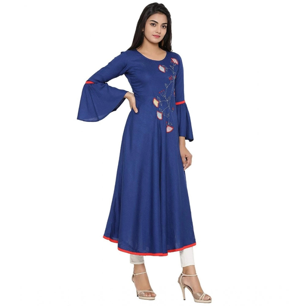 Seduva Women's Casual Bell Sleeves Embroidery Rayon Kurti (Blue)