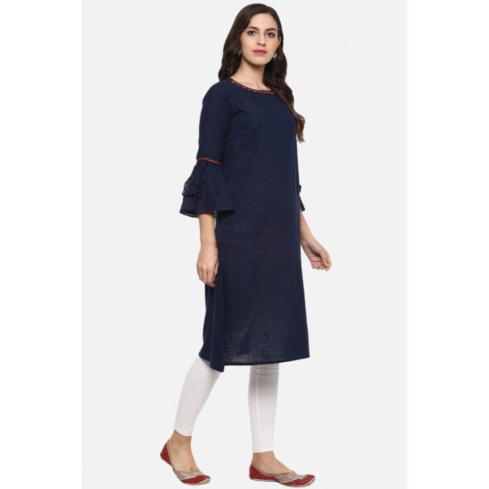 Seduva Women's Casual Bell Sleeves Solid Cotton Slub Kurti (Blue)