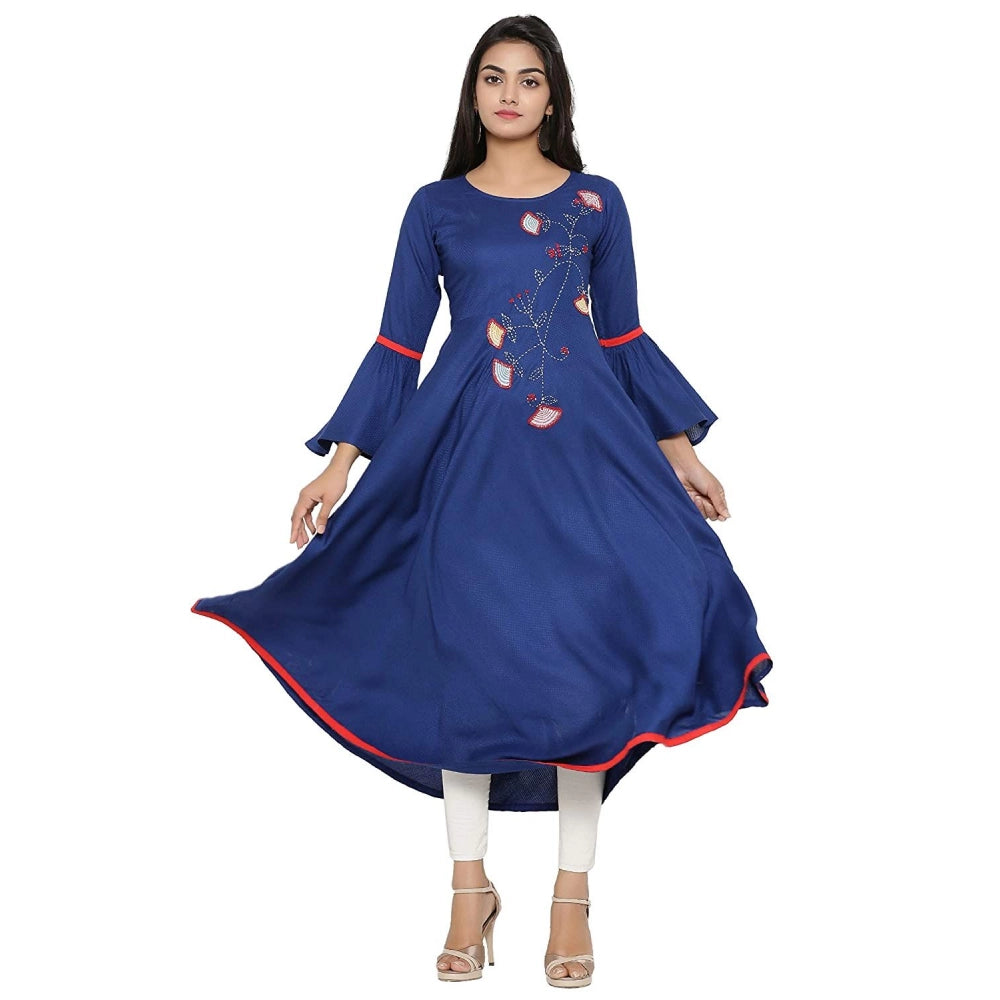 Seduva Women's Casual Bell Sleeves Embroidery Rayon Kurti (Blue)