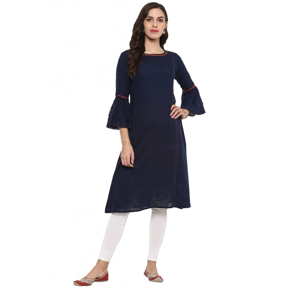 Seduva Women's Casual Bell Sleeves Solid Cotton Slub Kurti (Blue)