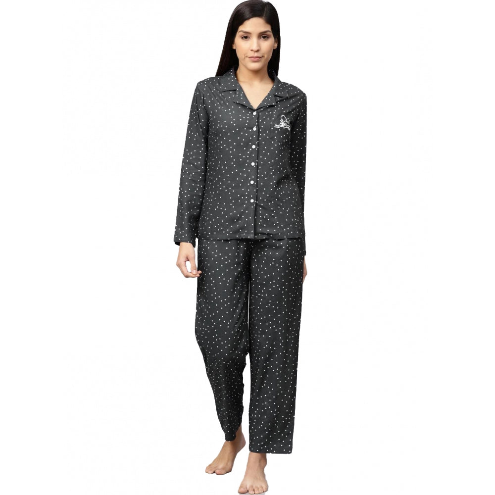 Seduva Women's Casual Full Sleeves Polka Dot Printed Rayon Shirt With Pyjama Pant Night Suit Set (Grey)