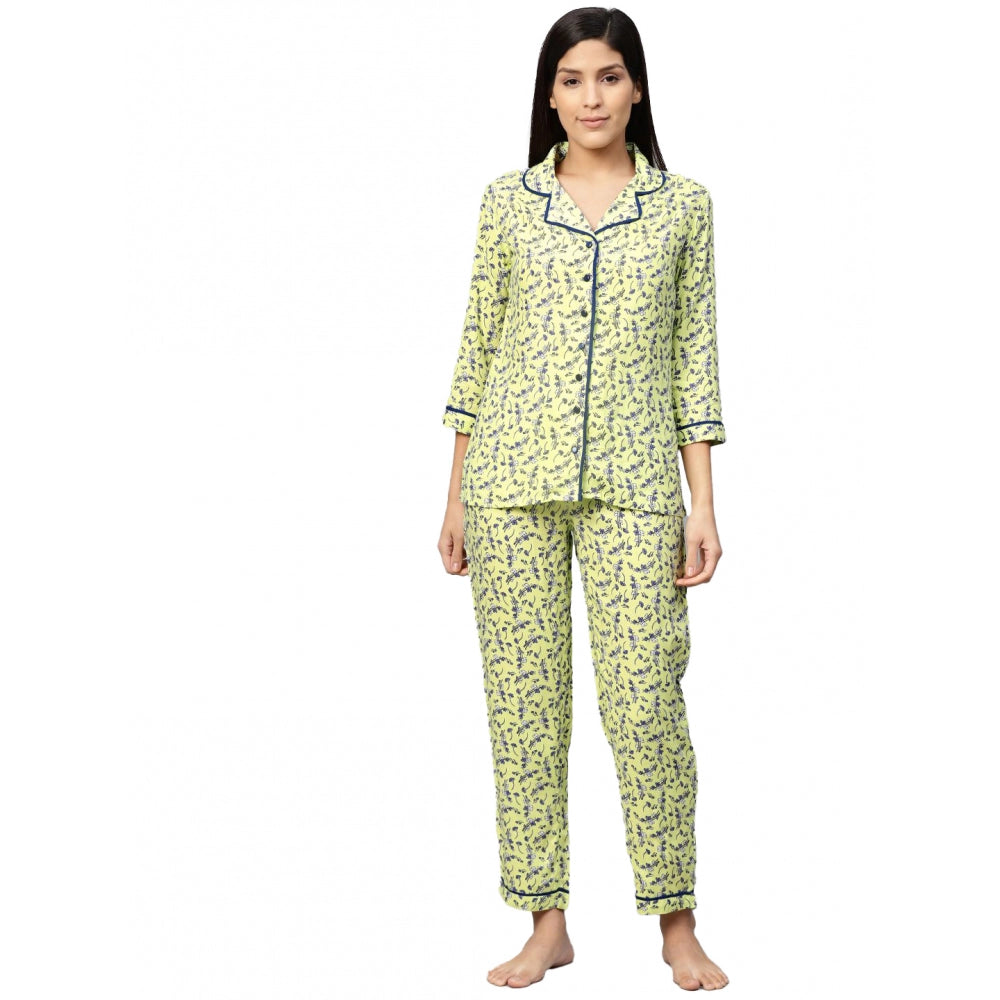 Seduva Women's Casual 3/4 Sleeve Floral Printed Rayon Shirt With Pyjama Pant Night Suit Set (Green)