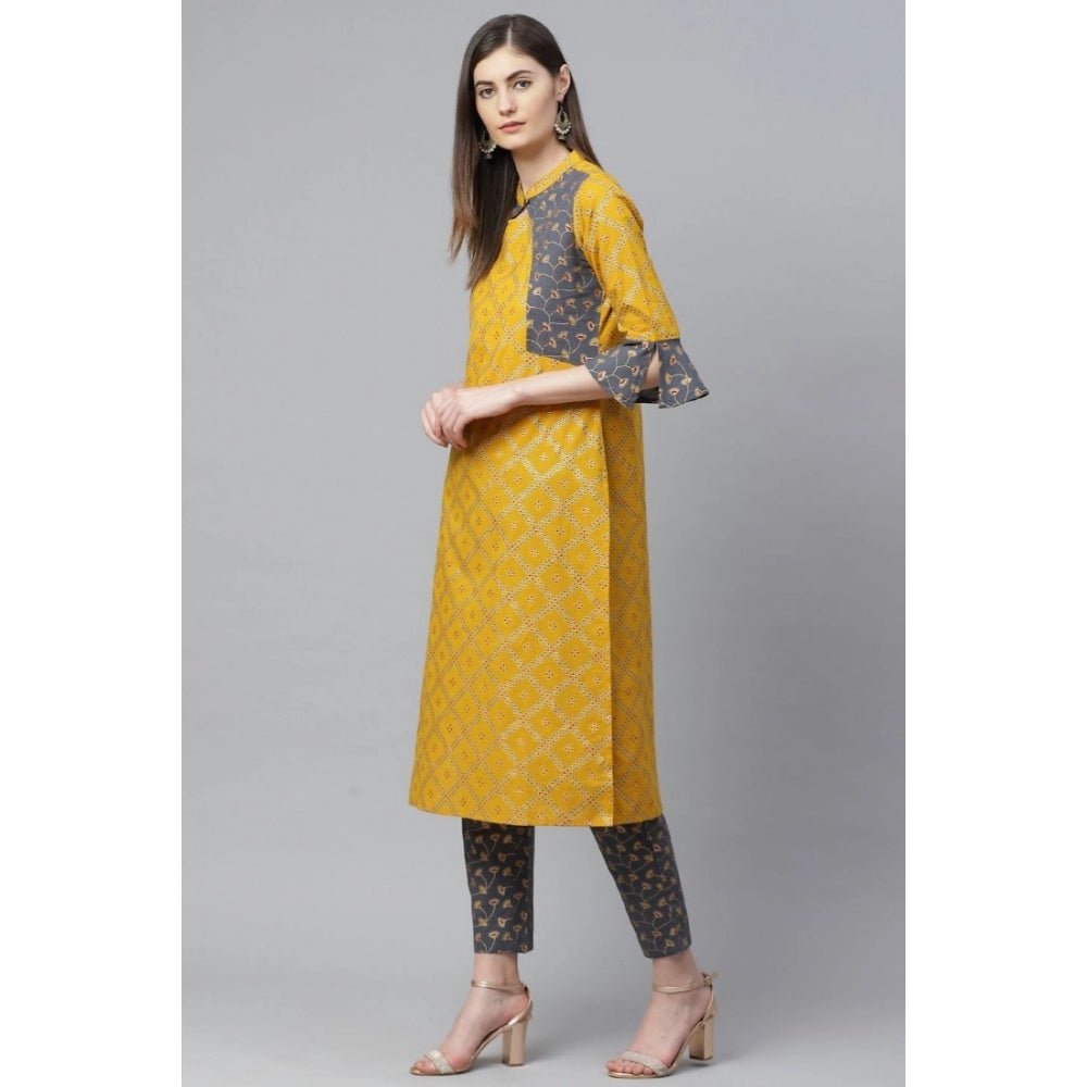 Seduva Women's Casual Bell Sleeves Geomatrical Printed Cotton Kurti Set (Yellow)