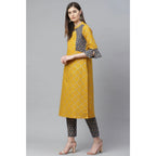 Seduva Women's Casual Bell Sleeves Geomatrical Printed Cotton Kurti Set (Yellow)