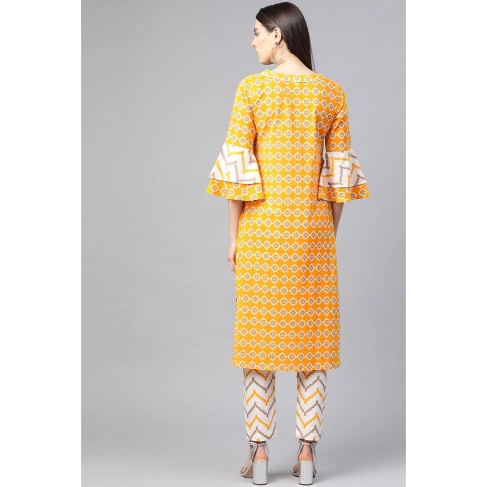 Seduva Women's Casual 3/4 th Sleeve Floral Printed Cotton Kurti Set (Mustard)