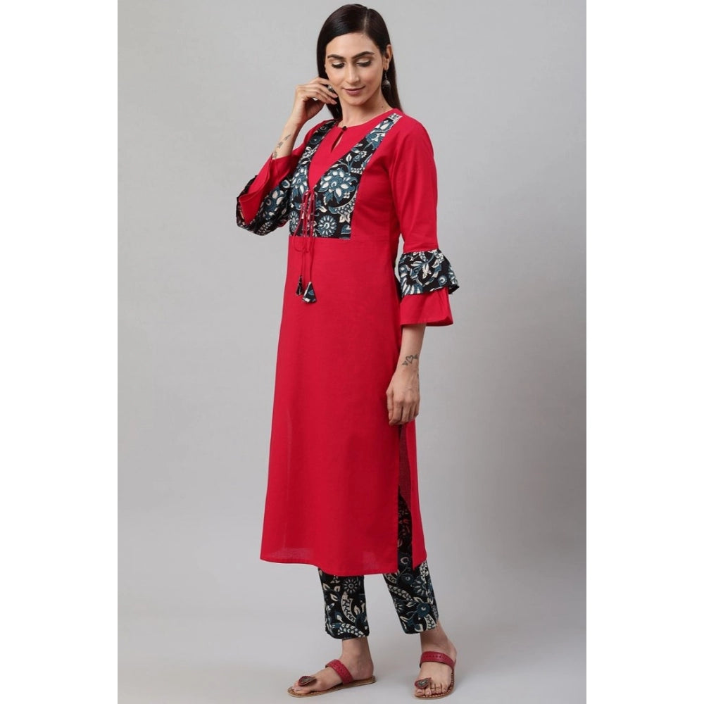Seduva Women's Casual Bell Sleeves Floral Printed Cotton Kurti Set (Rani Pink)