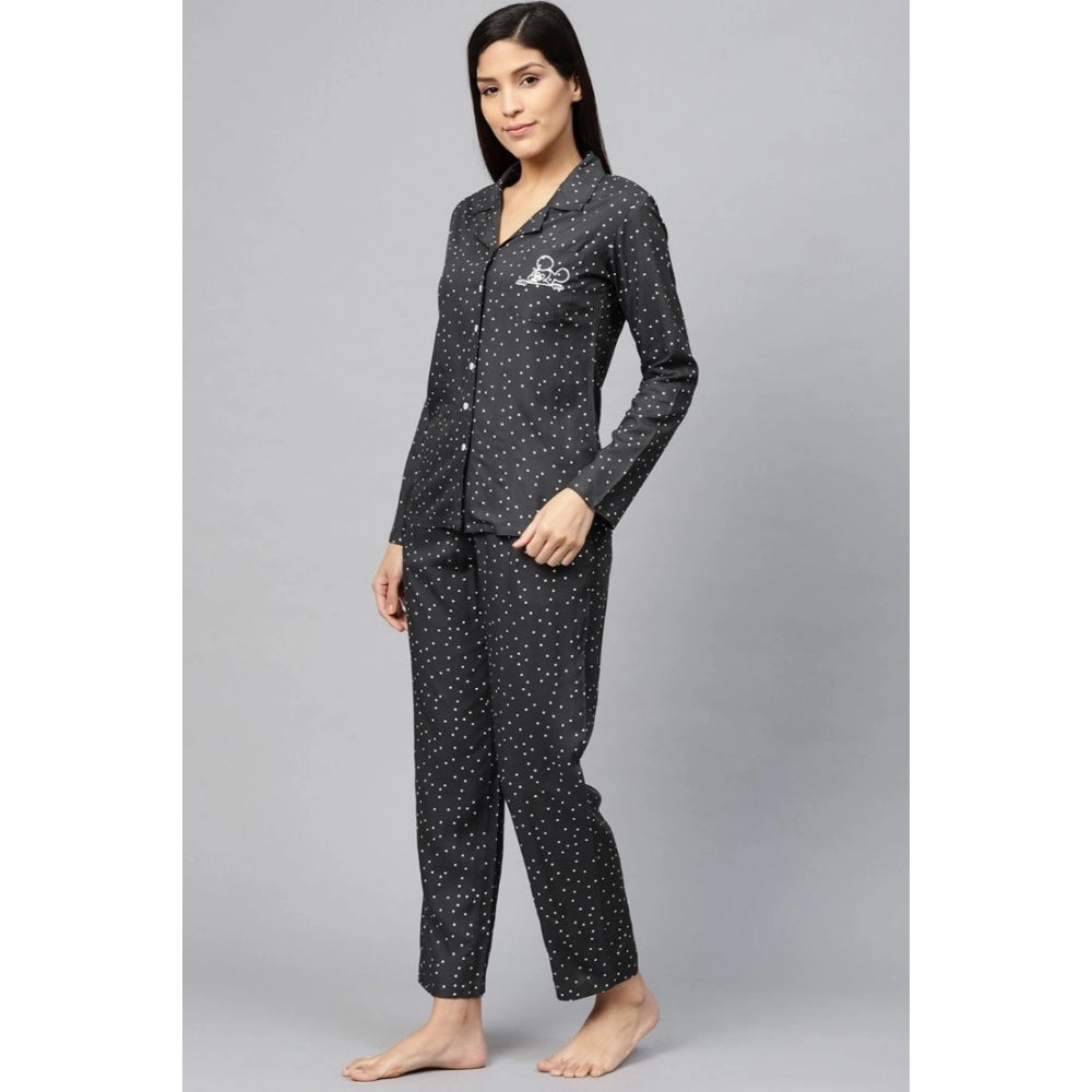 Seduva Women's Casual Full Sleeves Polka Dot Printed Rayon Shirt With Pyjama Pant Night Suit Set (Grey)