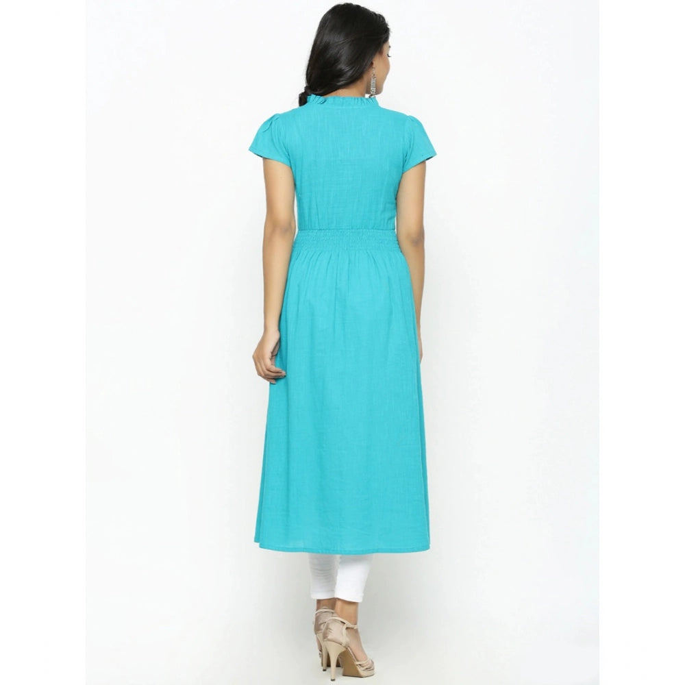 Seduva Women's Casual Short Sleeve Embroidery Cotton Slub Kurti (Torque Green)