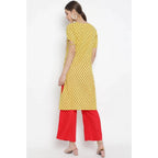 Seduva Women's Casual Short Sleeves Floral Printed Cotton &amp; Rayon Kurti Palazzo Set (Yellow &amp; Red)