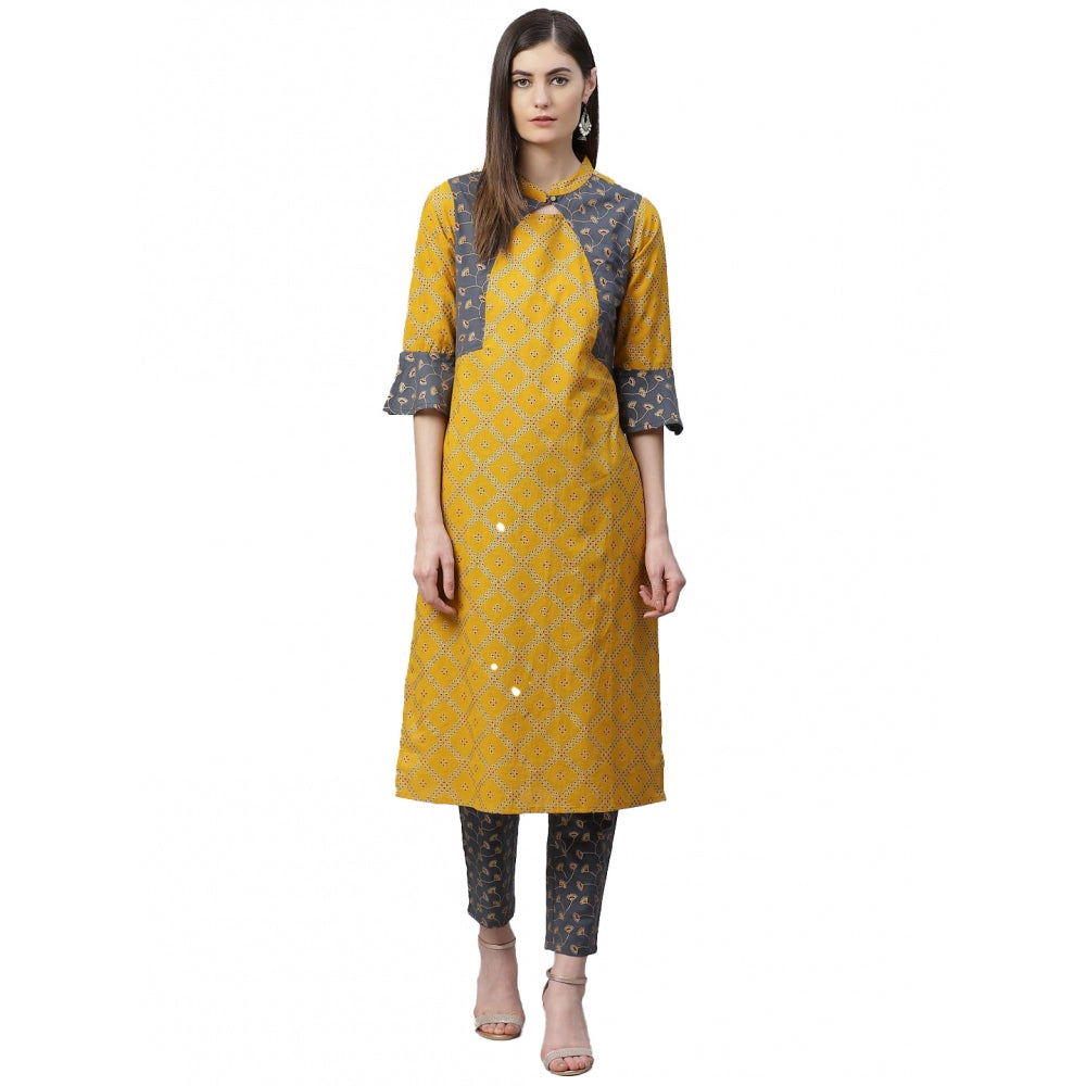 Seduva Women's Casual Bell Sleeves Geomatrical Printed Cotton Kurti Set (Yellow)