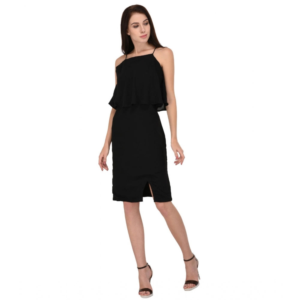Seduva Women's Cotton Blend Solid Sleeveless Dress (Black)