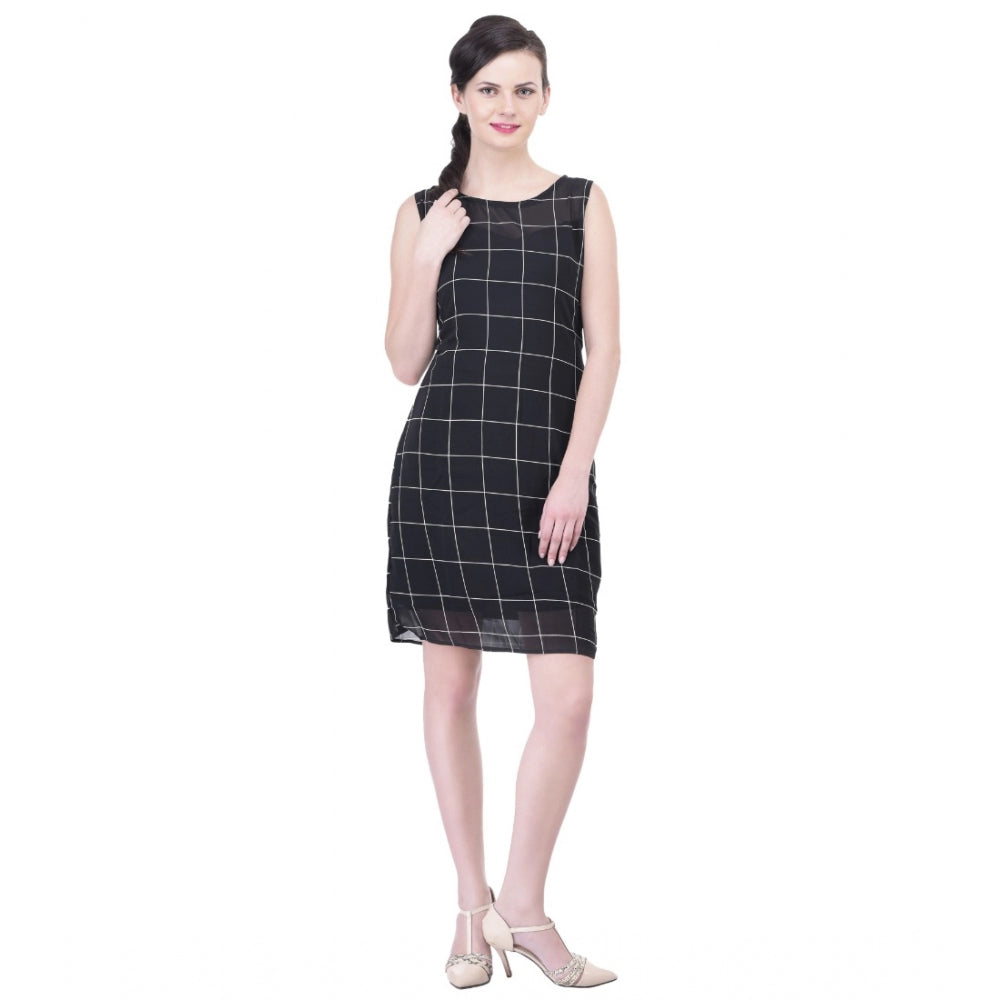 Seduva Women's Cotton Blend Checked Sleeveless Sheath Dress (Black)