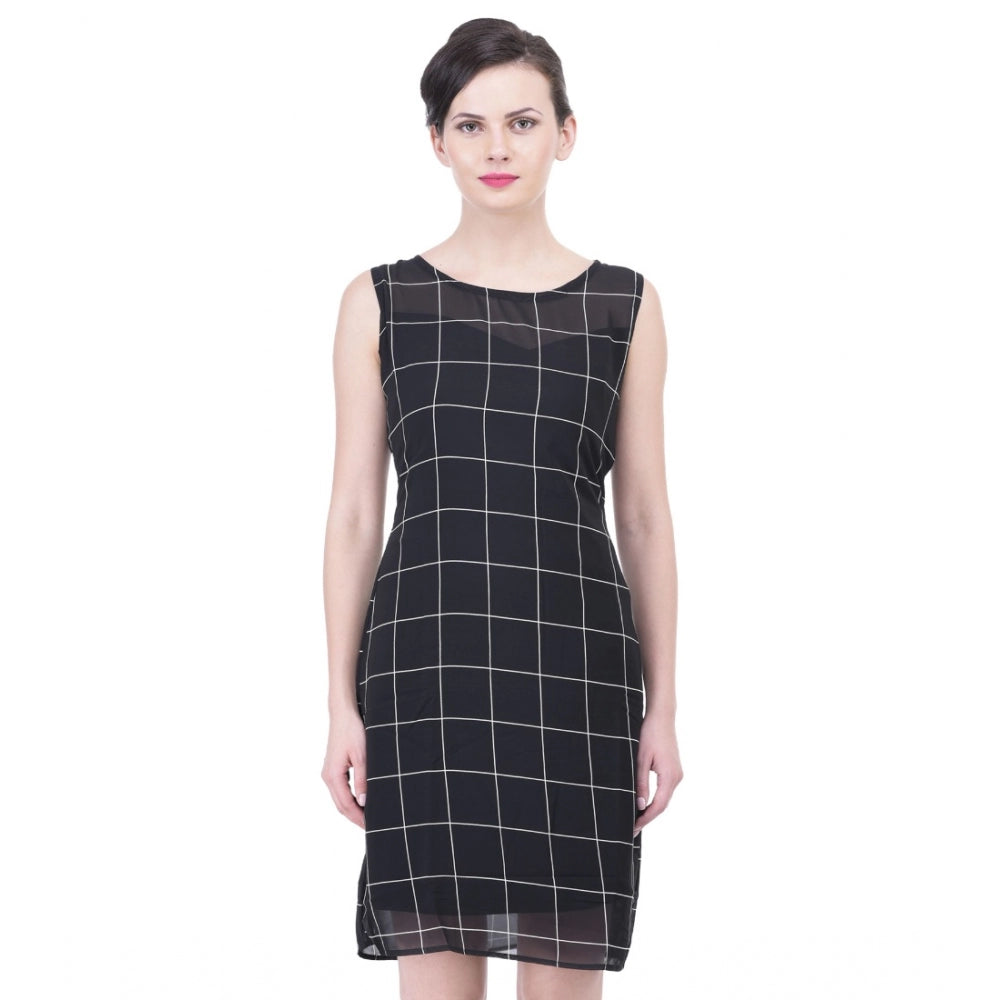 Seduva Women's Cotton Blend Checked Sleeveless Sheath Dress (Black)