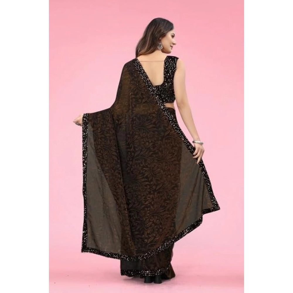 Seduva Women's Lycra Floral Saree With Unstitched Blouse (Brown, 5.5 Mtr)