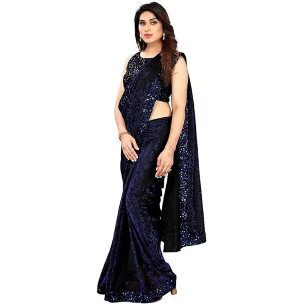 Seduva Women's Lycra Floral Saree With Unstitched Blouse (Blue, 5.5 Mtr)