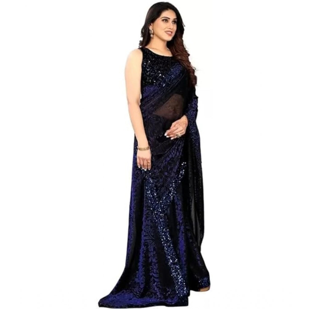 Seduva Women's Lycra Floral Saree With Unstitched Blouse (Blue, 5.5 Mtr)