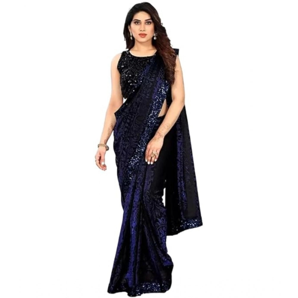 Seduva Women's Lycra Floral Saree With Unstitched Blouse (Blue, 5.5 Mtr)