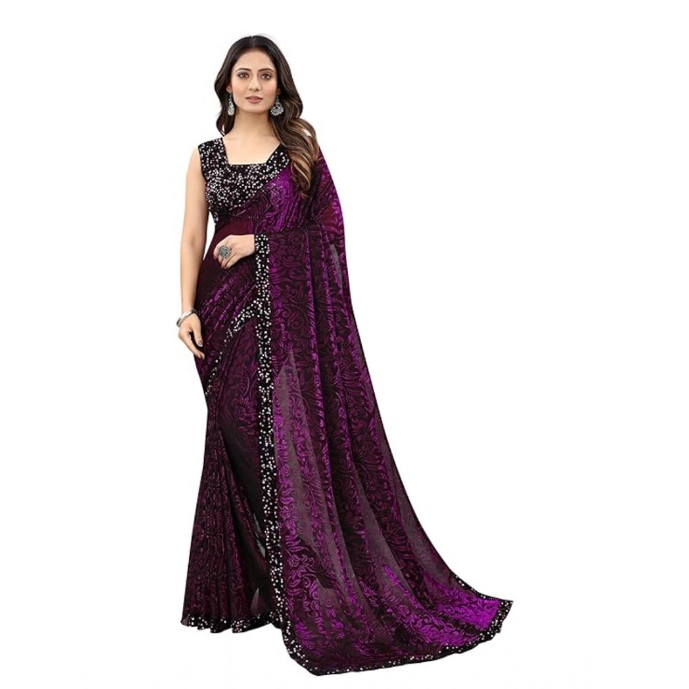 Seduva Women's Lycra Floral Saree With Unstitched Blouse (Wine, 5.5 Mtr)