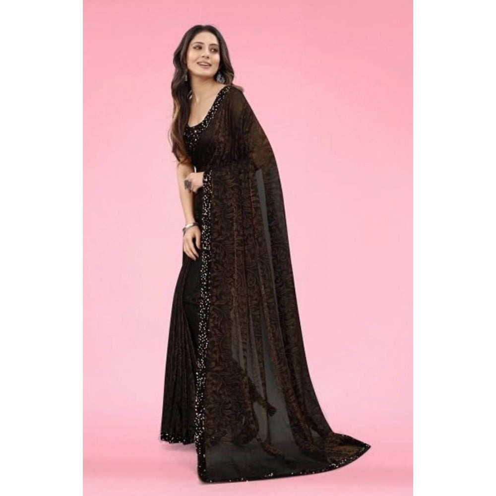 Seduva Women's Lycra Floral Saree With Unstitched Blouse (Brown, 5.5 Mtr)