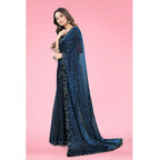 Seduva Women's Lycra Floral Saree With Unstitched Blouse (Blue, 5.5 Mtr)