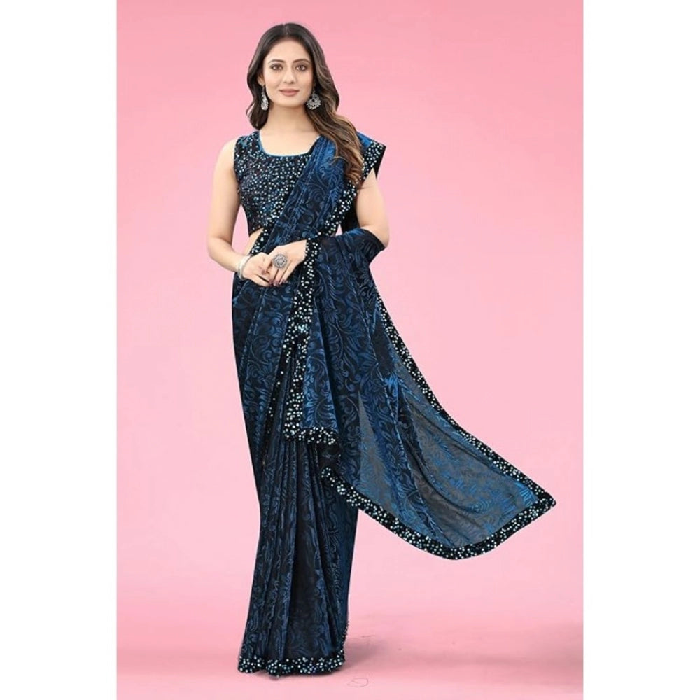 Seduva Women's Lycra Floral Saree With Unstitched Blouse (Blue, 5.5 Mtr)