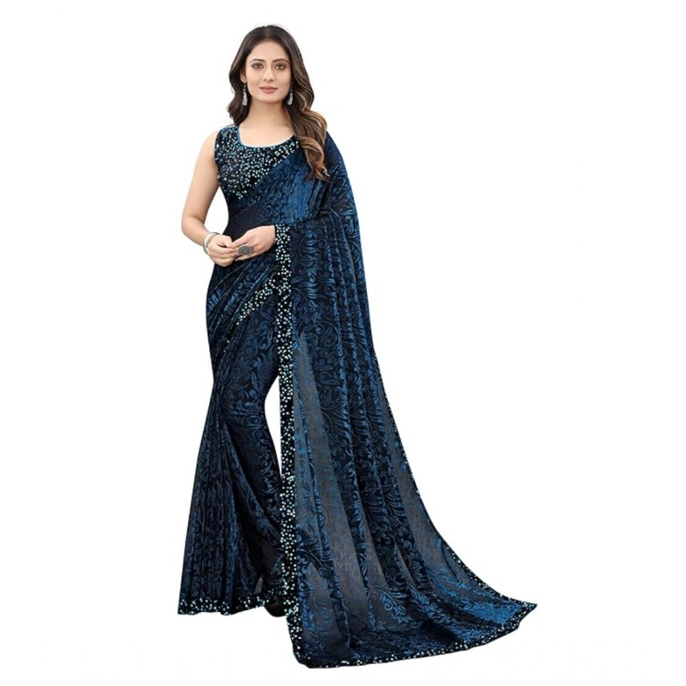 Seduva Women's Lycra Floral Saree With Unstitched Blouse (Blue, 5.5 Mtr)